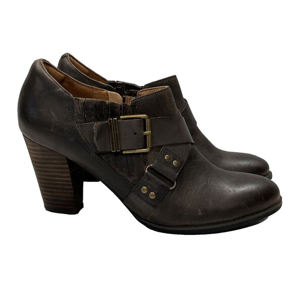 Clarks Indigo Brownish Gray Leather Moto Booties Heeled Ankle Boots Zip Women 9 - Picture 1 of 14